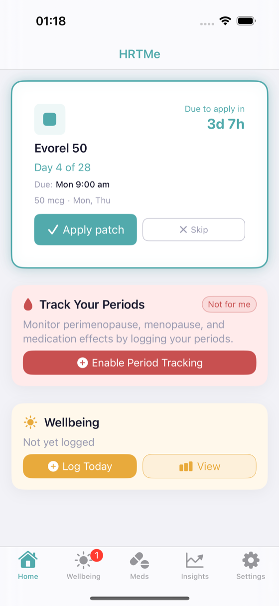HRTMe home screen showing the next HRT dose due, the day of your cycle, and a one-tap Apply patch button