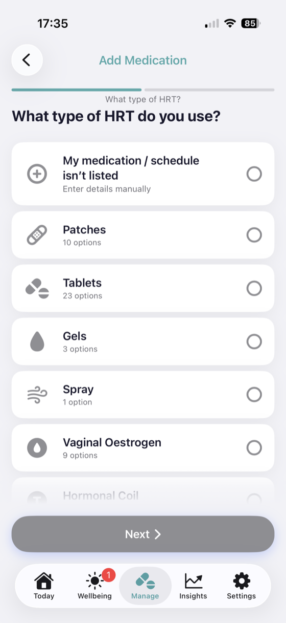 HRTMe asking what type of HRT you use — patches, tablets, gels, spray, vaginal oestrogen or coil