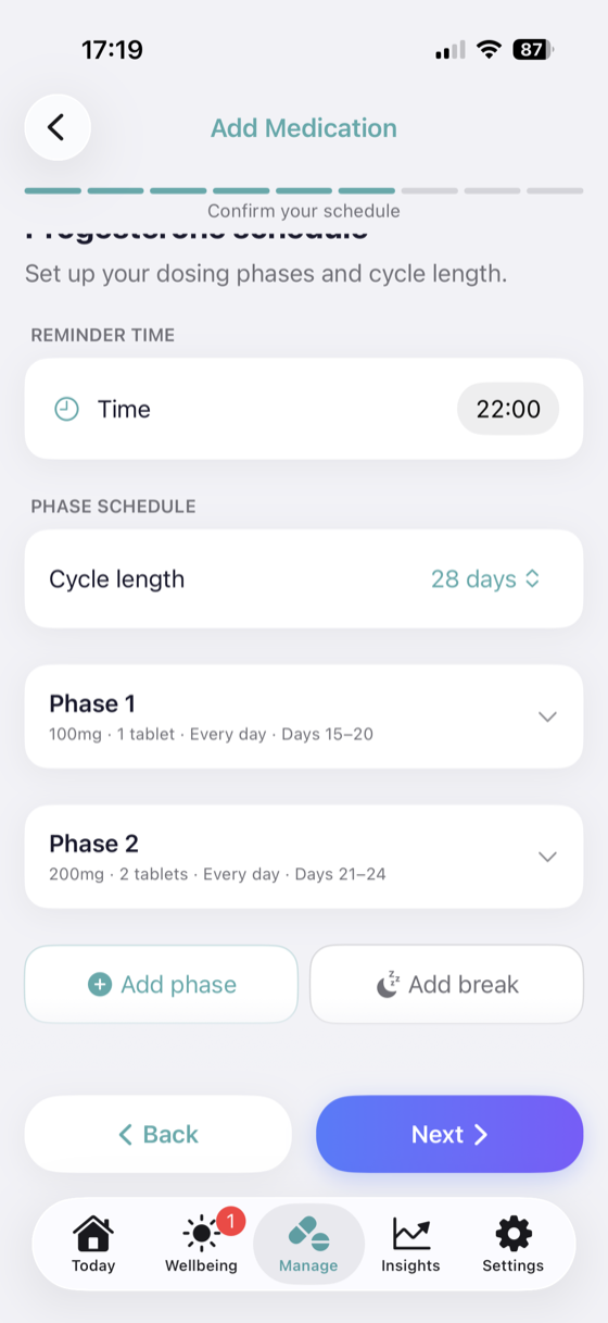 HRTMe's phased progesterone schedule — 100mg on days 15 to 20, then 200mg on days 21 to 24 of a 28-day cycle, with a 22:00 reminder
