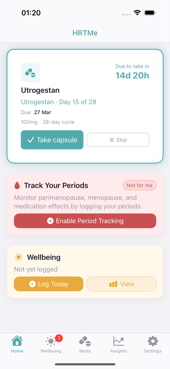 HRTMe handling a cyclical HRT schedule — Utrogestan on day 15 of a 28-day cycle, with a Take capsule button