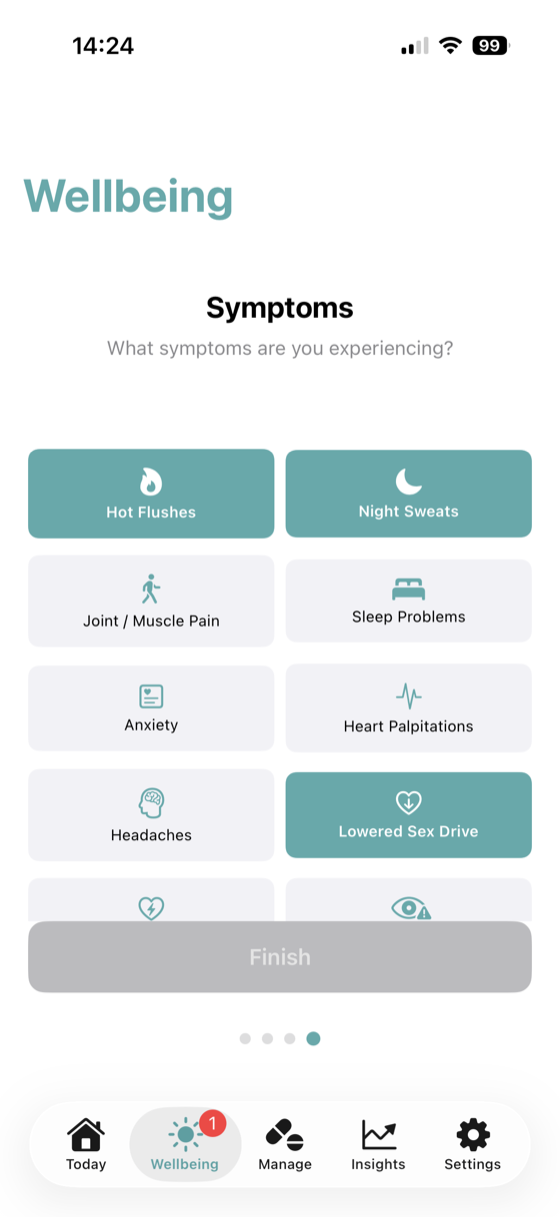HRTMe symptom check-in asking what symptoms you're experiencing, with options like hot flushes, night sweats, joint pain, anxiety and headaches